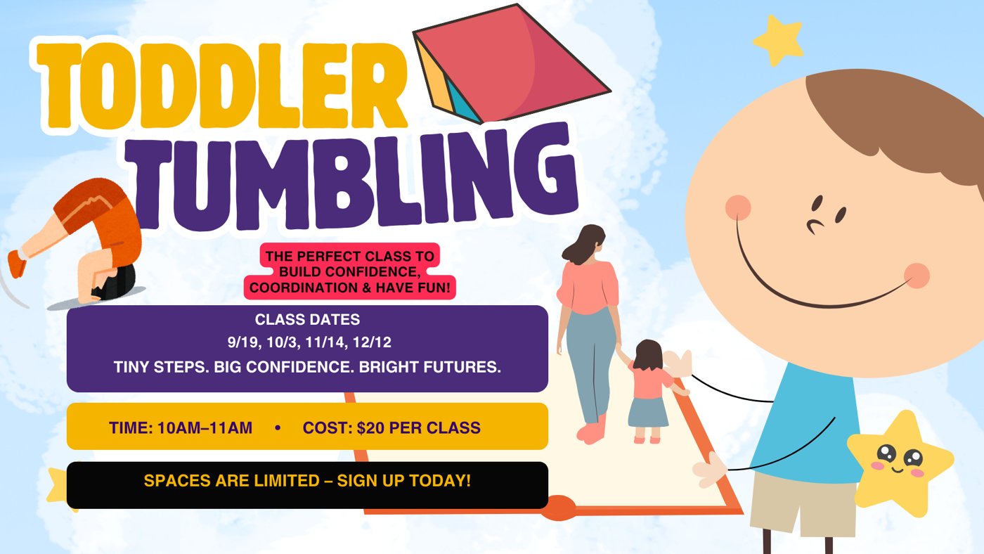 F3T Toddler Tumbling flyer: class dates 9/19, 10/3, 11/14 and 12/12, 10 to 11 AM, $20 per class