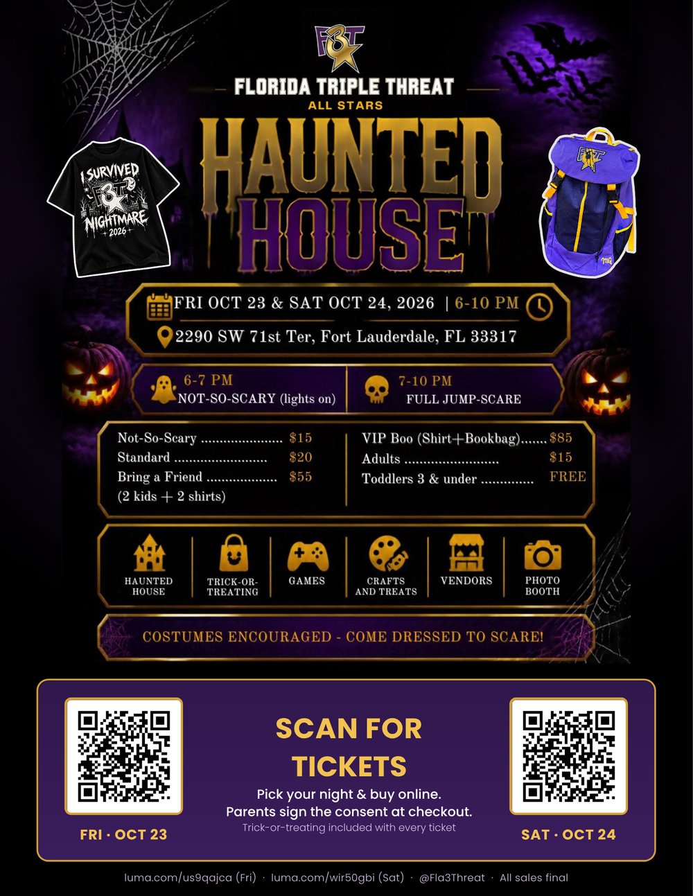 F3T Haunted House flyer: Friday Oct 23 and Saturday Oct 24, 2026, 6 to 10 PM